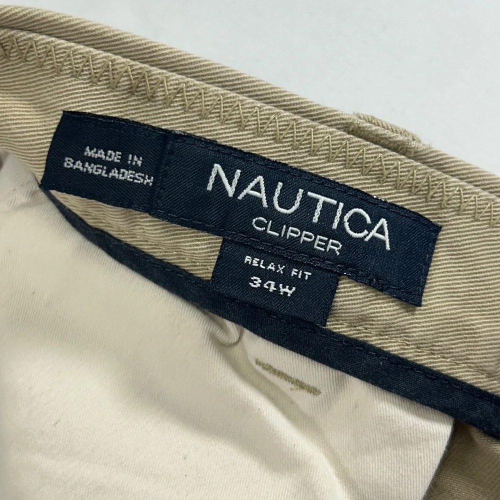 Nautica Clipper Mens 34W Relaxed Fit Chino Shorts Khaki Tan Cotton Casual Flat